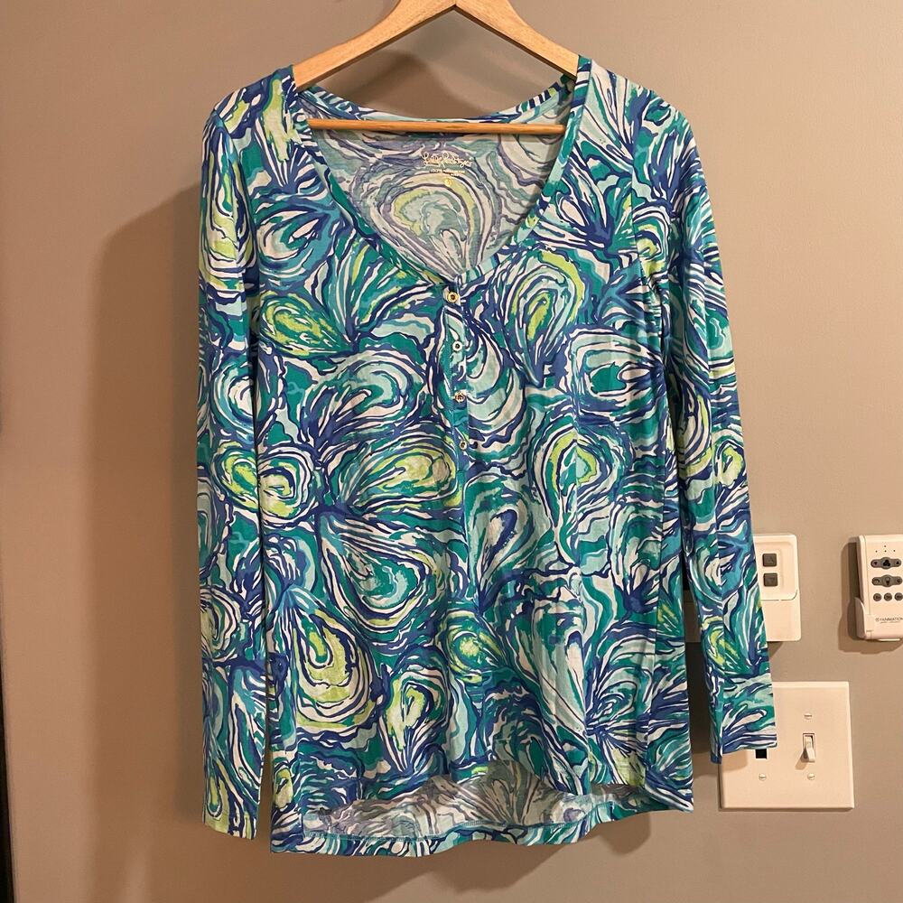 Lilly Pulitzer Top Sorella Sparkling Blue‎ OH Print Henley Beachy Coastal Sz S